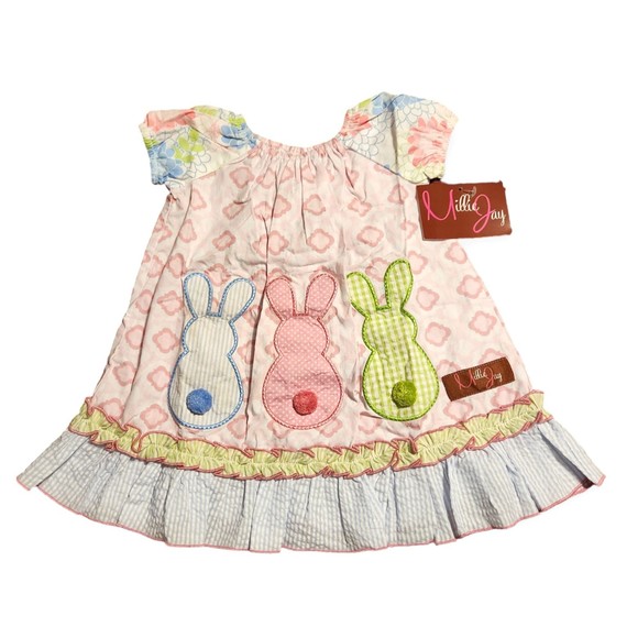 Millie Jay Dress Pastel Cotton Elastic Neck Arms Spring Easter Bunnies Size 12m
